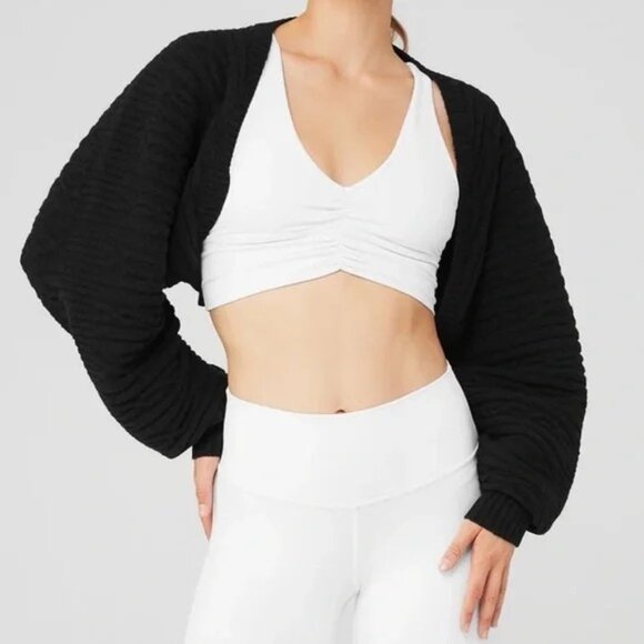 ALO Yoga Cable Knit Shawl Jacket in Black - Picture 2 of 4